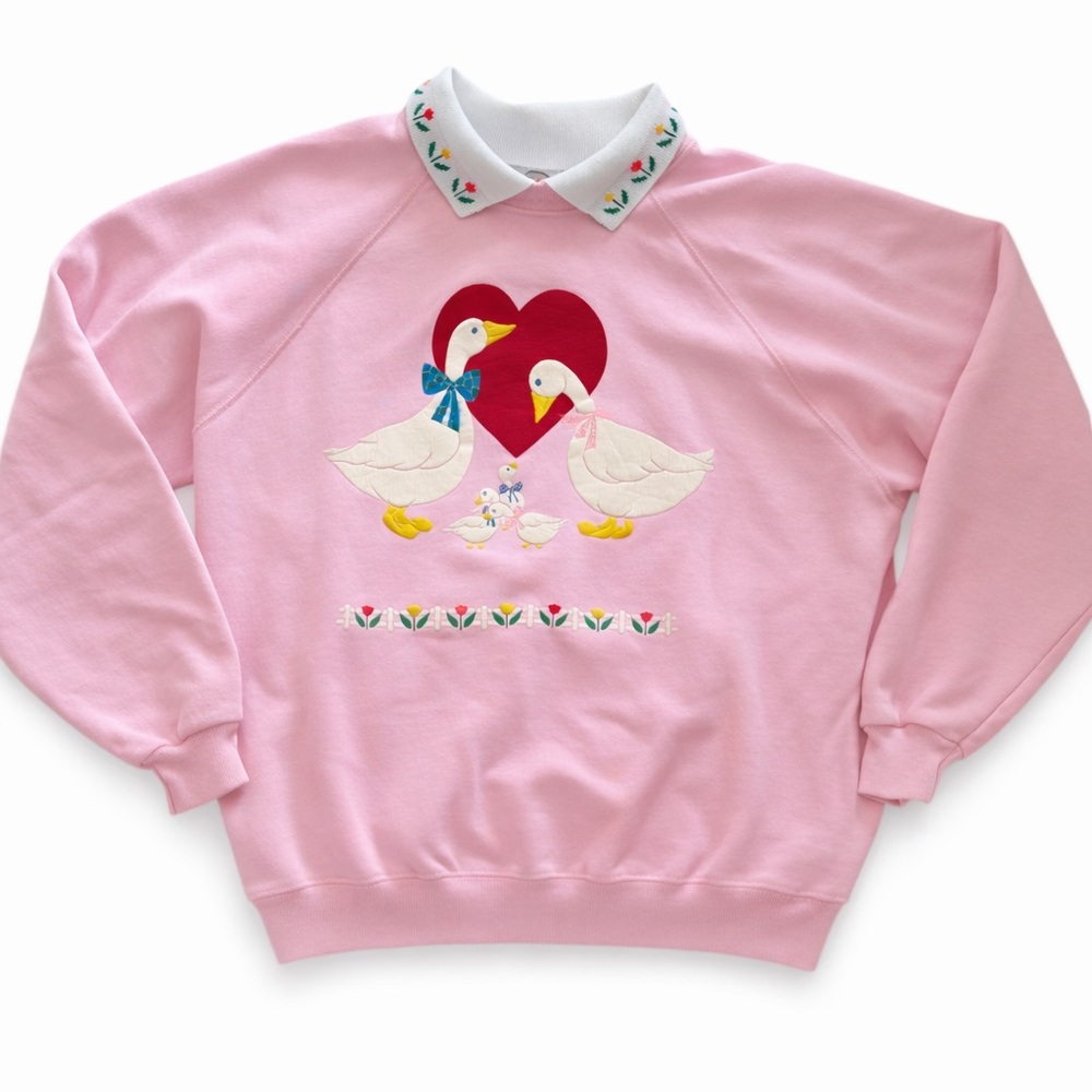Vintage Morning Sun Duck Sweatshirt XL Pink Collared Hearts Cottagecore